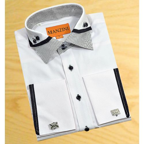 Manzini White Embroidered With White/ Black Triple Layered High Collar 100% Cotton Dress Shirt With Free Cufflinks V4